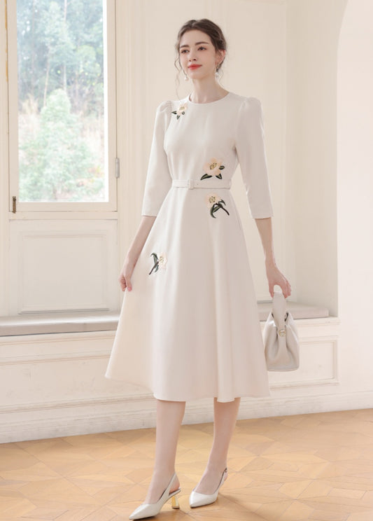 Floral Embroidery Off-white Dress