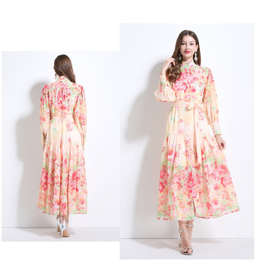 Floral Long-sleeve Chiffon Dress