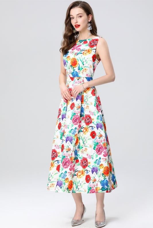 Floral Sleeveless Mid-length Dress