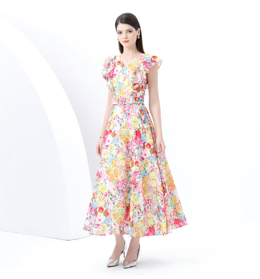 Floral V-neck Ruffled Long Dress