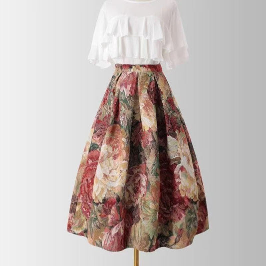 Floral Vintage-Inspired A-Line Midi Skirt