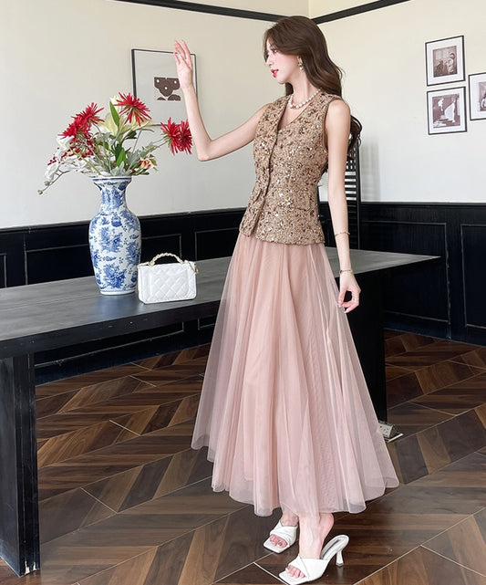 Gold Sequin Vest & Pink Tulle Maxi Skirt Co-ord Set