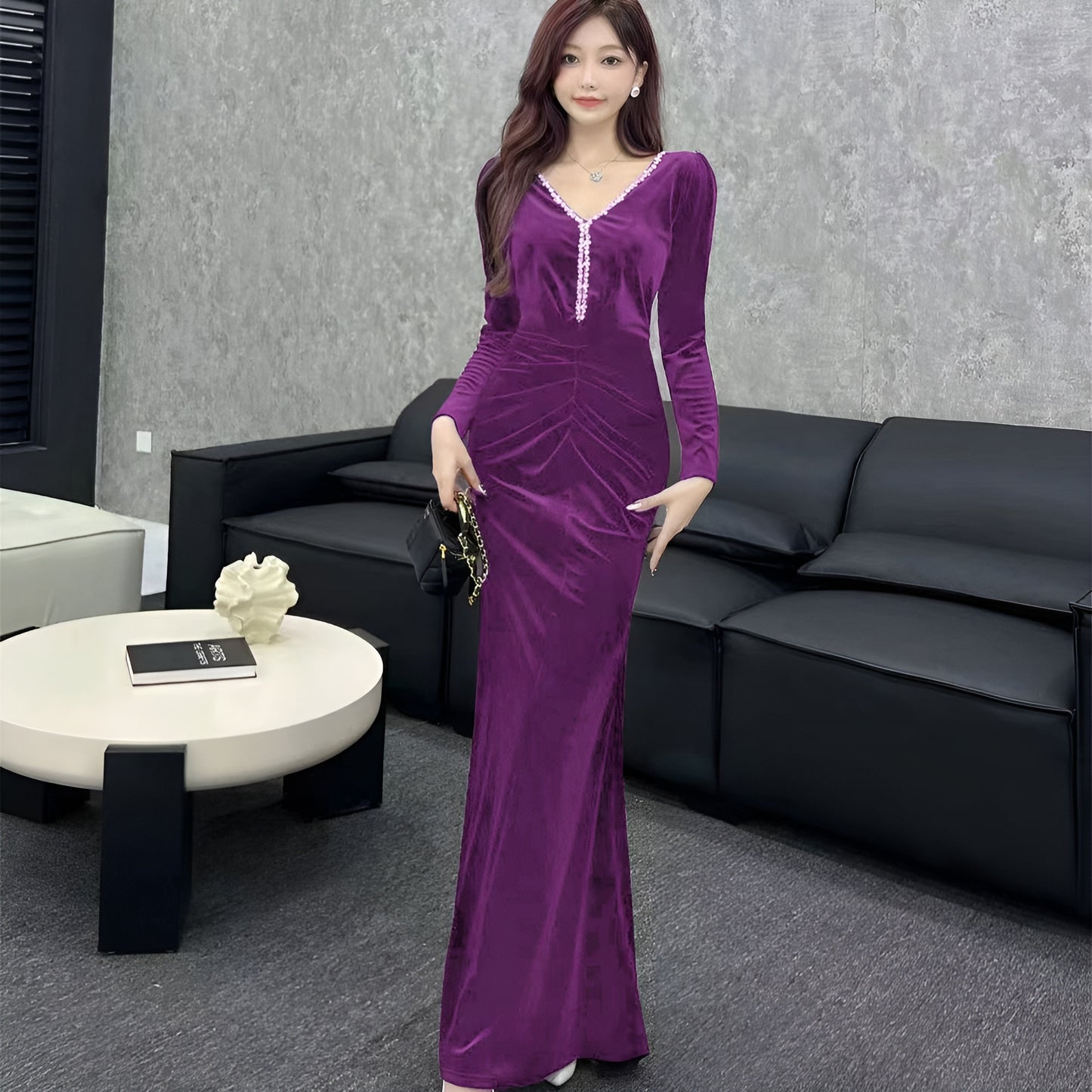 Gold Velvet Long-sleeved Decorated Dress