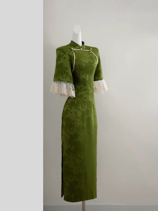 Green Brocade Cheongsam Dress with Lace Sleeves