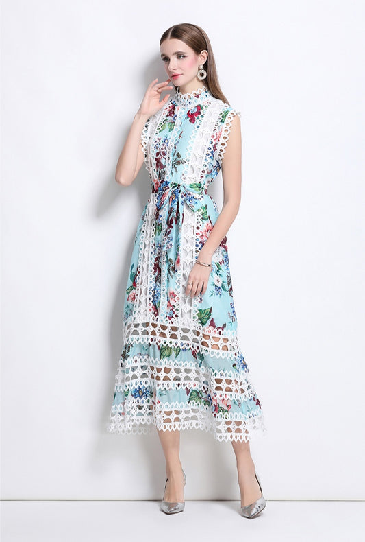 Green Floral Hollow Lace Mid-length Dress