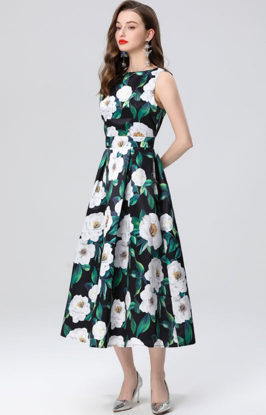 Green Floral Sleeveless Mid-length Dress