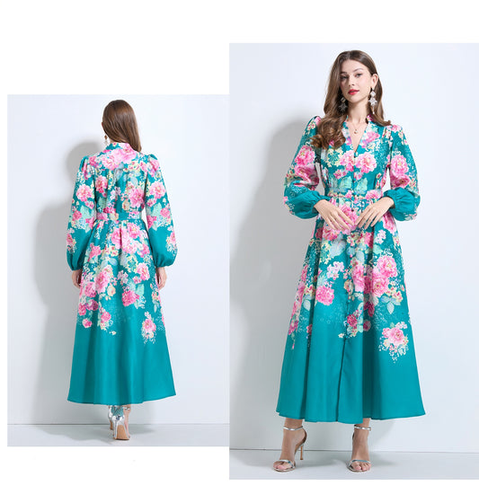 Green Floral V-neck Ruffle Dress