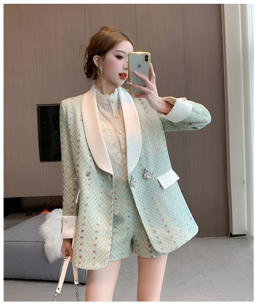 Green High End Sequined Suit Jacket + Shorts Two Pieces Set