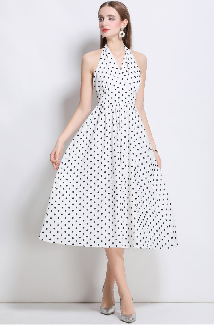 White Halter Neck Polka Dot Dress