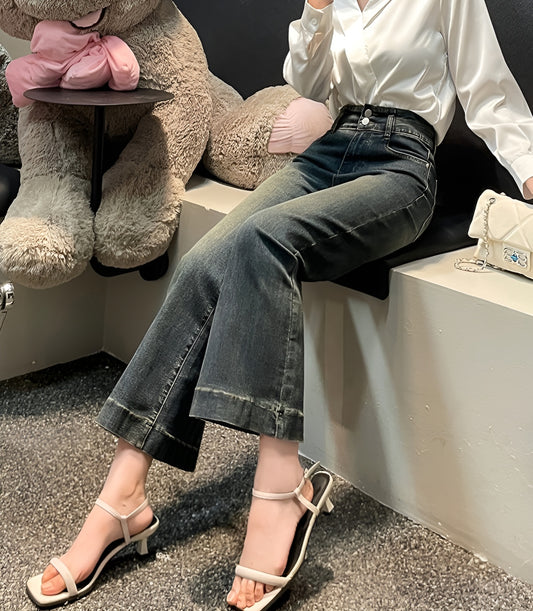 High-Waist Dark Wash Cropped Flared Jeans