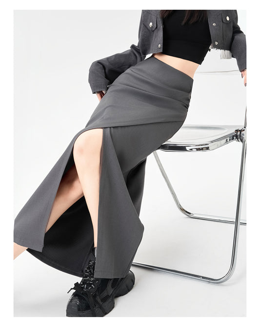 High Waist Irregular Pleated Slit Skirt