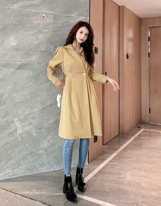 Khaki A-Line Trench Coat with Waist Belt Double Breasted Mid-Length Windbreaker