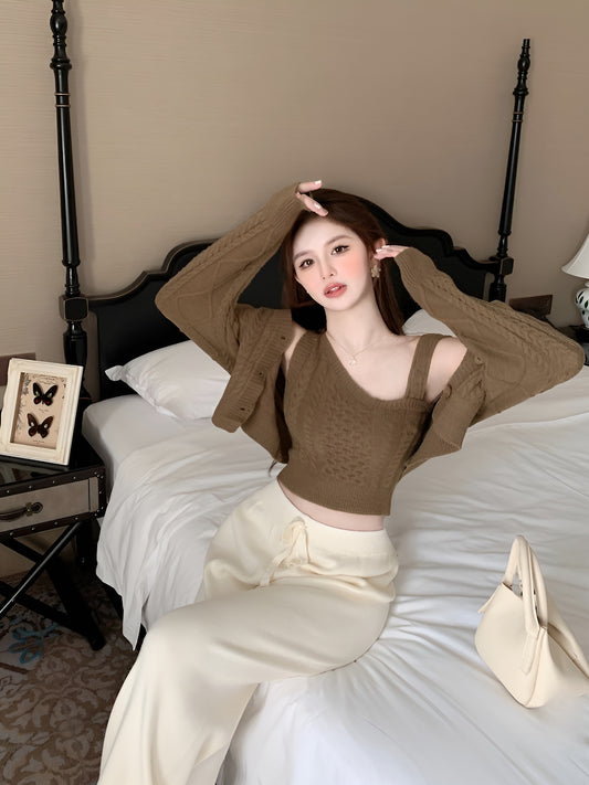 Knitted Camisole Vest  + Oblique Shoulder Top Two Pieces Set