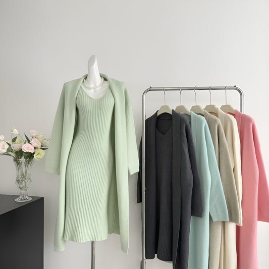 Knitted Cardigan + Sleeveless Dress Two Pieces Set
