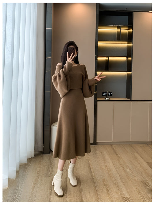 Knitted Raglan Shawl + Sleeveless Dress Two Pieces Set
