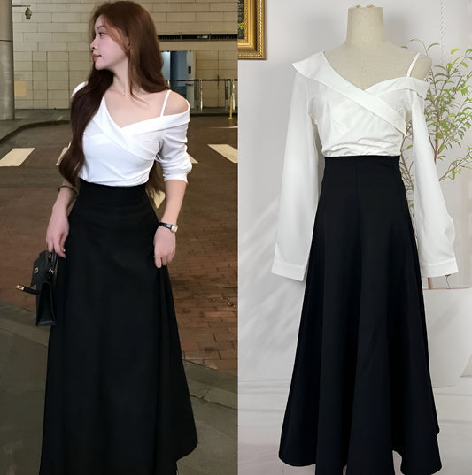 Korean Style White Off-Shoulder Blouse & Long Black Skirt Outfit