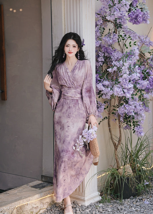 Lavender Floral Print Chiffon Maxi Dress