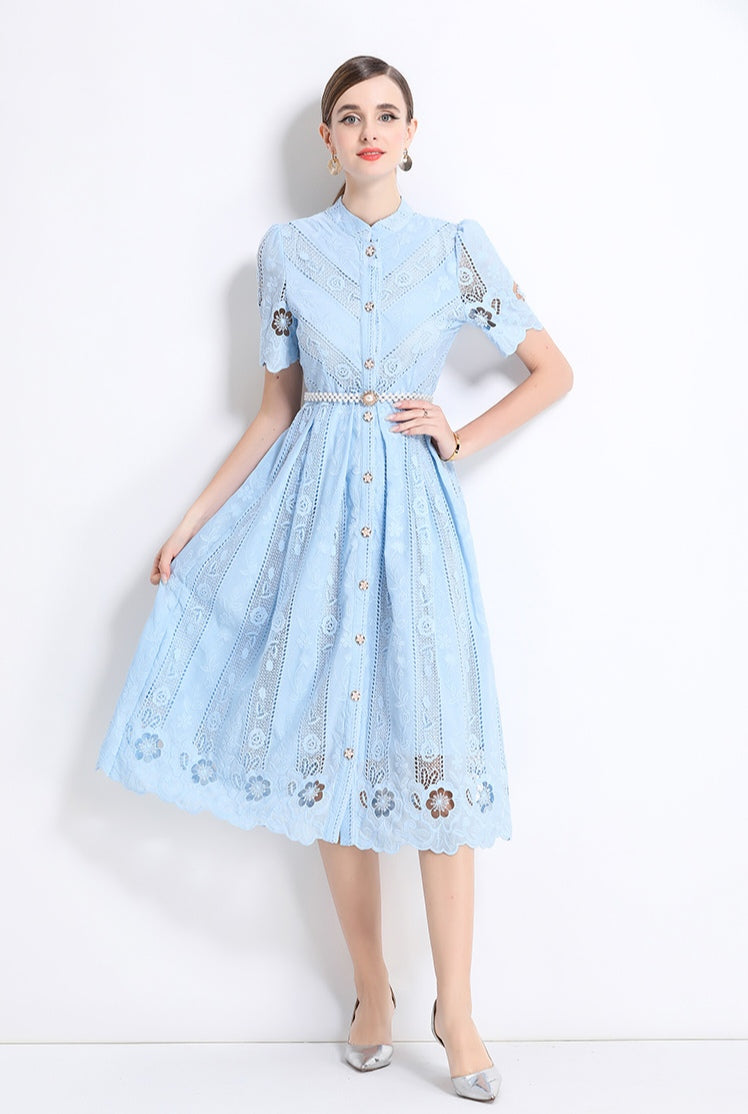 Light Blue Hollow Embroidery Dress