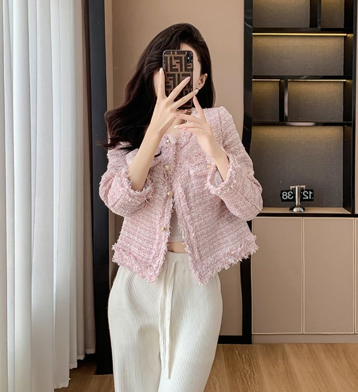 Bouclé Tweed Crop Jacket - French Style with Frayed Trim