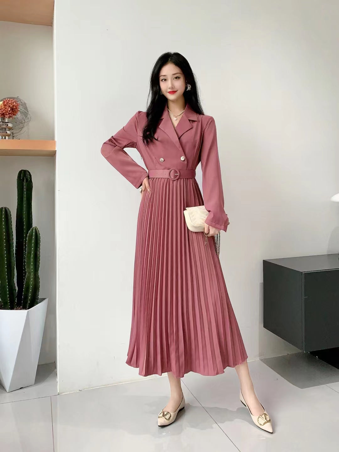 Long-sleeved Pleated Fake Two-piece Dress