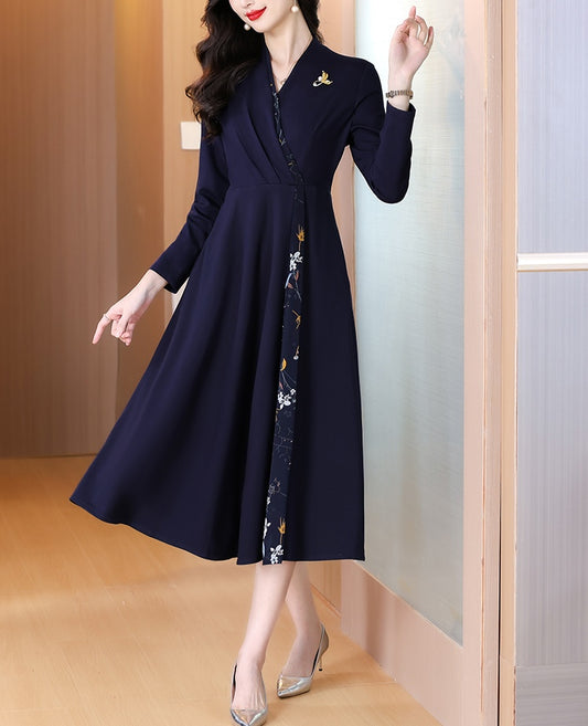 Long Sleeve A-Line Navy Wrap Dress with Side Floral Print Accent