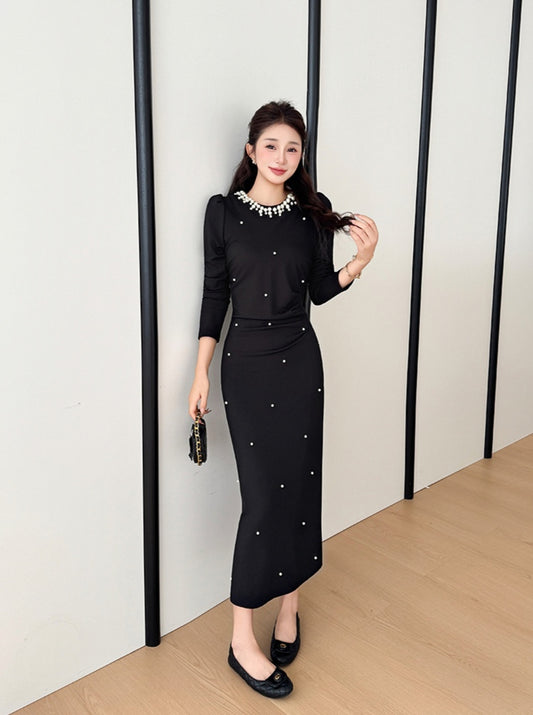 Long Sleeve Black Midi Dress with Faux Pearl Embellishment