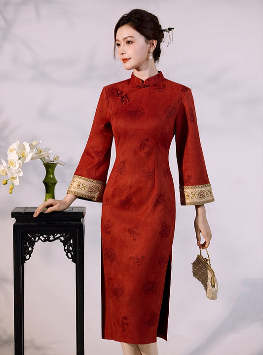 Modern Red Qipao Dress Long Sleeve Cheongsam