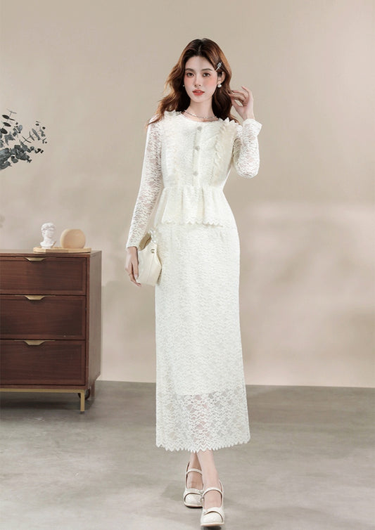Modest Ivory Lace Co-Ord Set with Ruffled Peplum Blouse and Long Skirt