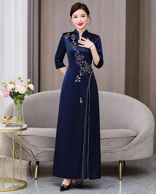 Navy Blue Satin Qipao with Floral Embroidery