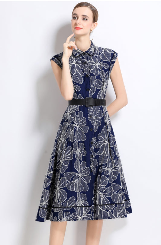 Navy Blue Single-breasted Sleeveless POLO Collar Embroidered Dress