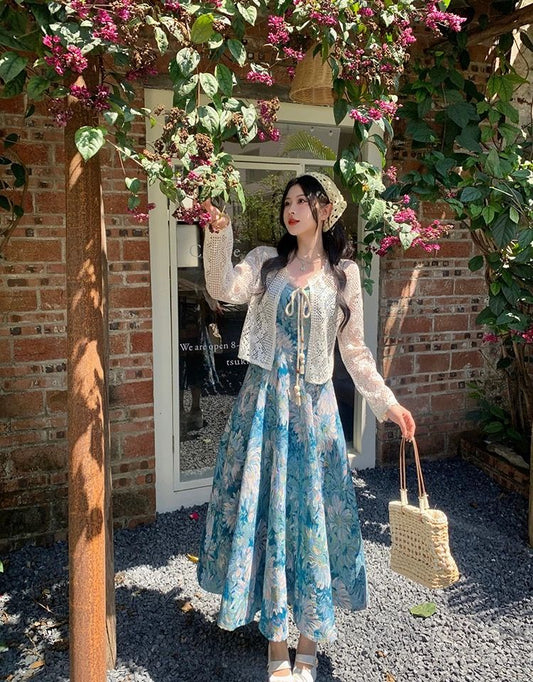 Pastel Floral Print Dress with White Crochet Shrug