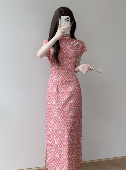 Pink Diamond-Patterned Cheongsam Dress