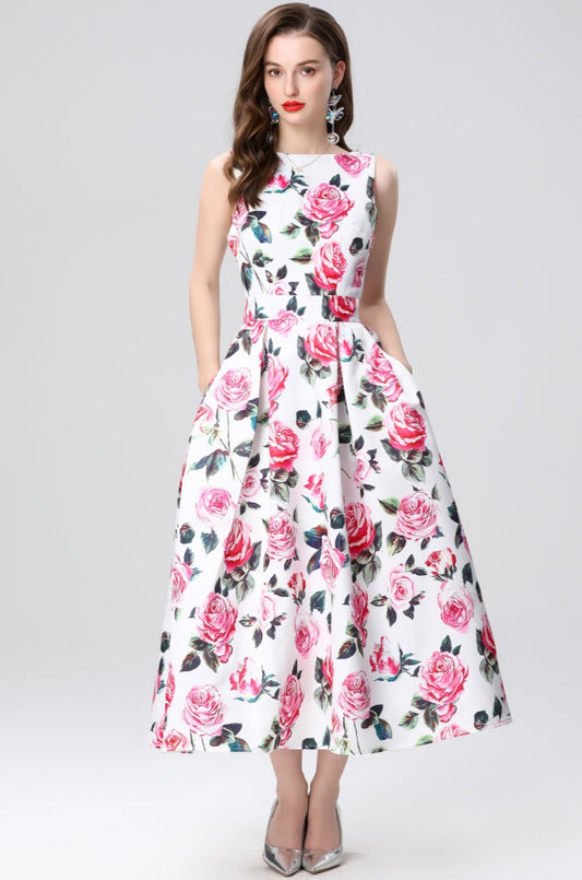 Pink Floral Sleeveless Mid-length Dress