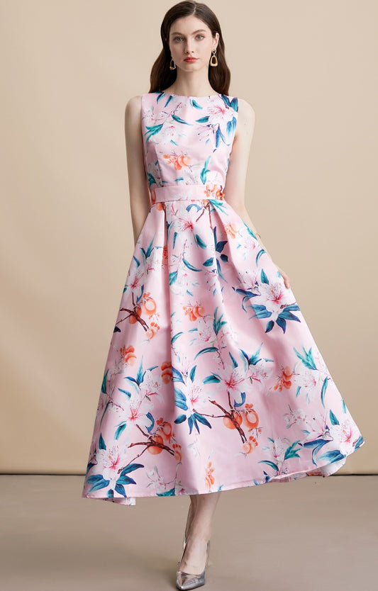 Pink Floral Sleeveless Pleated Midi Dress