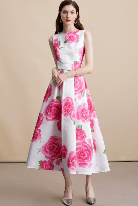 Pink Rose Floral Print Sleeveless A-Line Midi Dress
