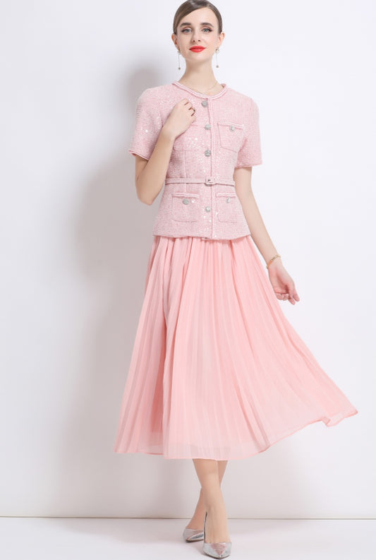 Pink Sequin Tweed Peplum Midi Dress