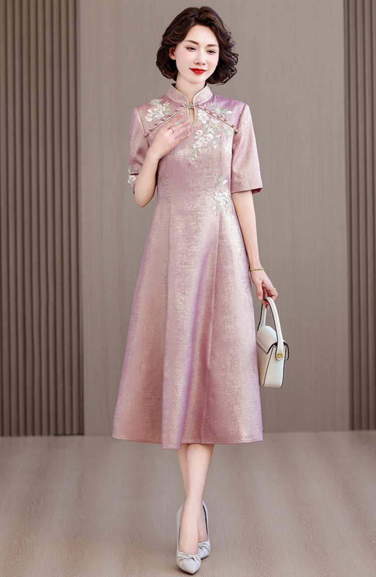 Pink Shimmer A-Line Qipao Dress