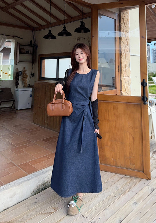 Pleated Blue Denim Dress