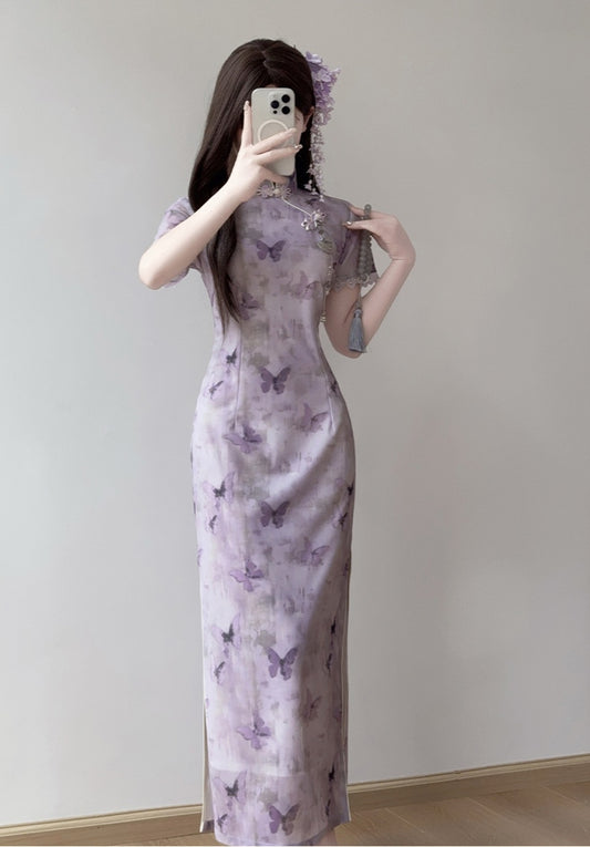 Purple Butterfly Print Cheongsam