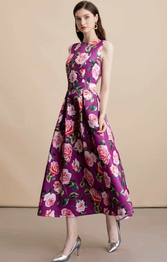 Purple Floral Sleeveless Pleated Midi Dress