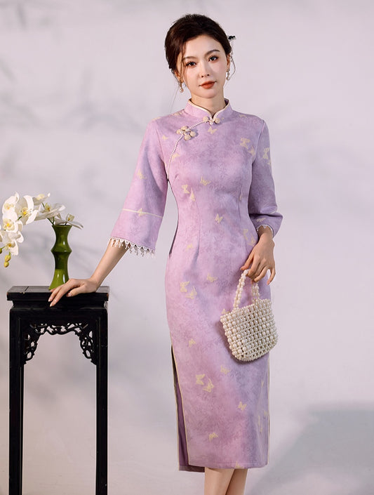 Purple Jacquard Qipao Dress Half Sleeve Cheongsam with Lace Cuff