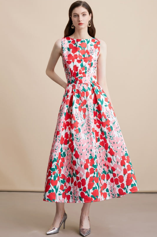 Red Floral Print Sleeveless A-Line Midi Dress