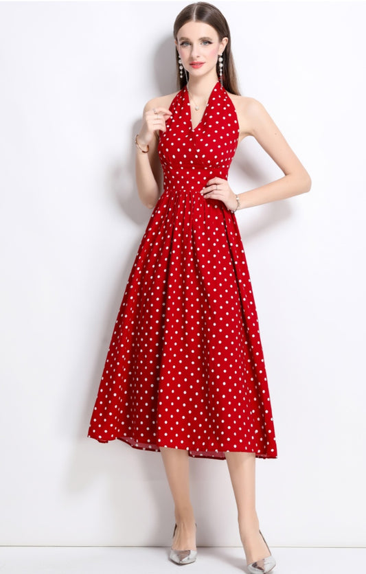 Red Halter Neck Polka Dot Dress
