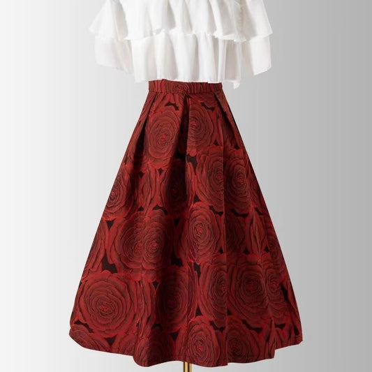 Red Rose Floral Pleated Skirt