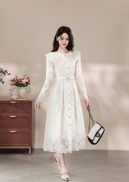 Retro Lace Maxi Dress with Oversized Ruffle Collar and Belt