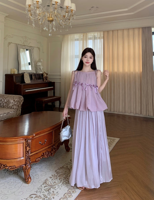 Romantic Lilac Ruffle Peplum Top with Full Pleated Skirt