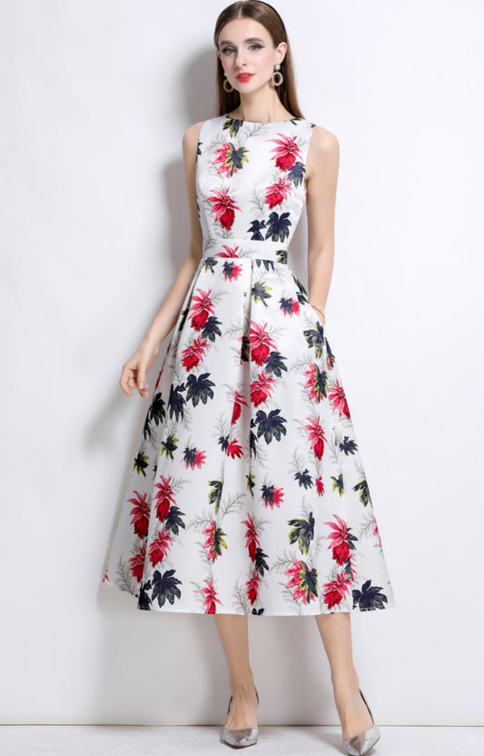 Round Neck Floral Sleeveless Mid-length Dress