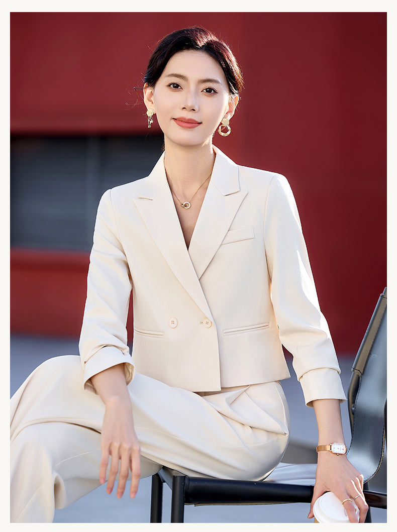 Short Fashionable Jacket + Wide Leg Trousers Two Pieces Set