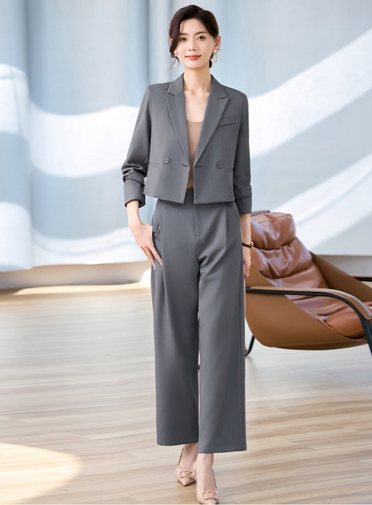 Short Fashionable Jacket + Wide Leg Trousers Two Pieces Set