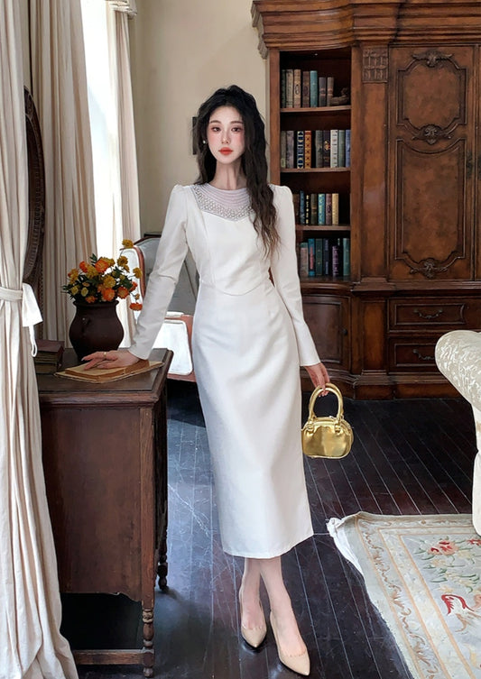 Sophisticated Beaded Detail Long-Sleeve Dress